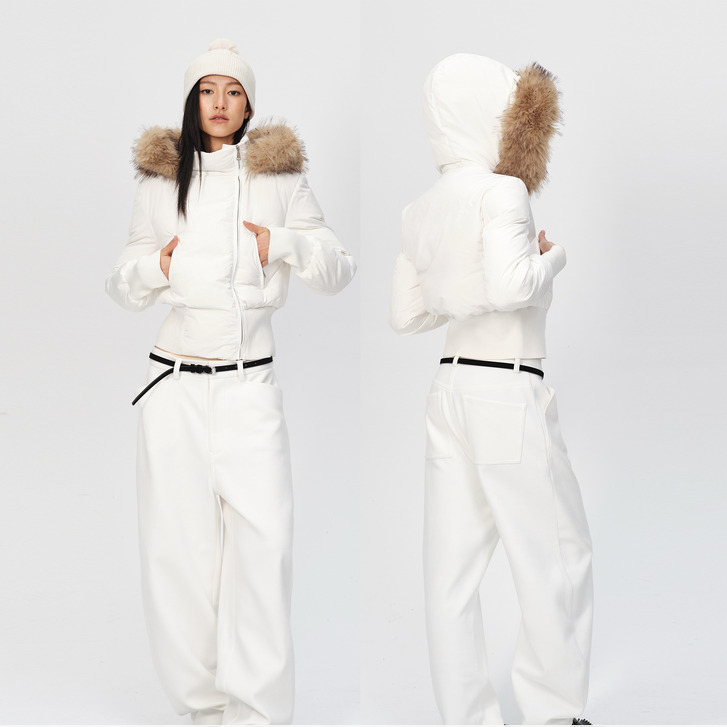 CURRI AND 冬季短款修身斜门襟加厚90白鸭绒连帽双面羽绒服外套女