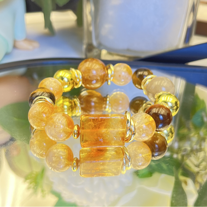 铜合金手链 原创招米旺才金霸黄塔晶黄虎眼黄胶花手串卡16mm