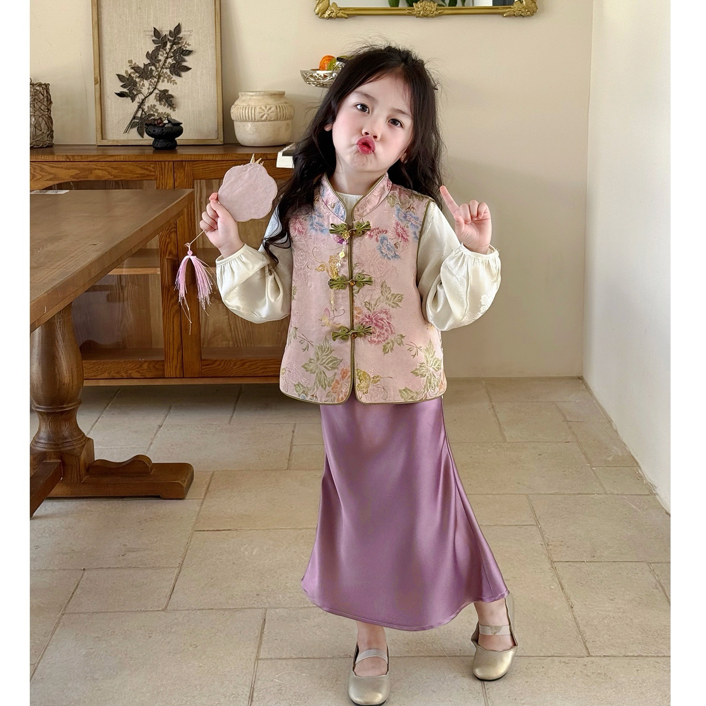 现货）秋季女童洋气甜美马甲女童新中式国风秋儿童马甲半身裙套装