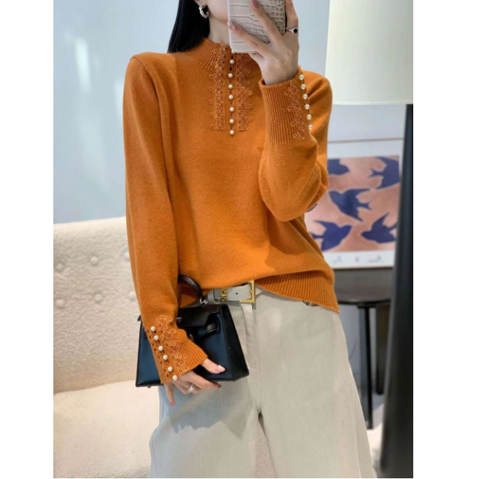 倪妍裳【5698】时尚蕾丝花边钉珠针织衫