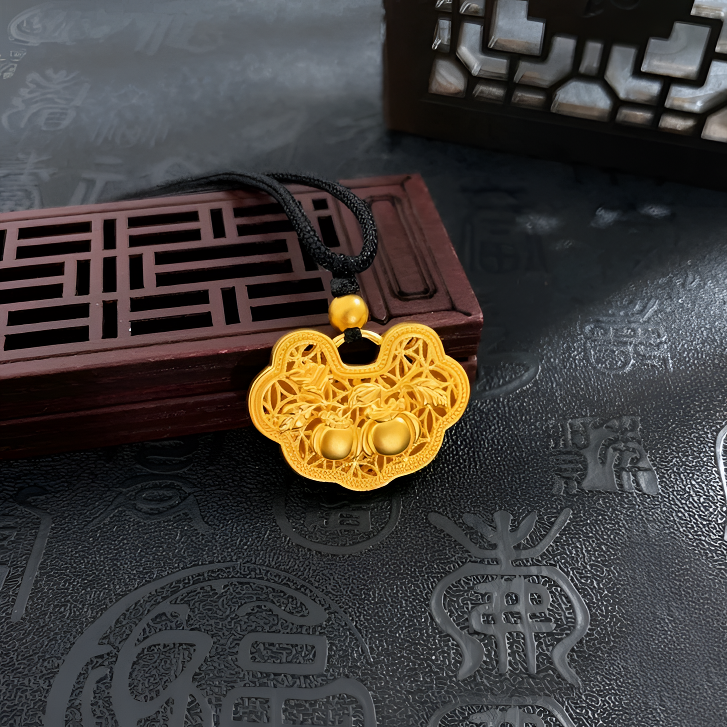 足金999真金古法柿柿如意锁包吊坠