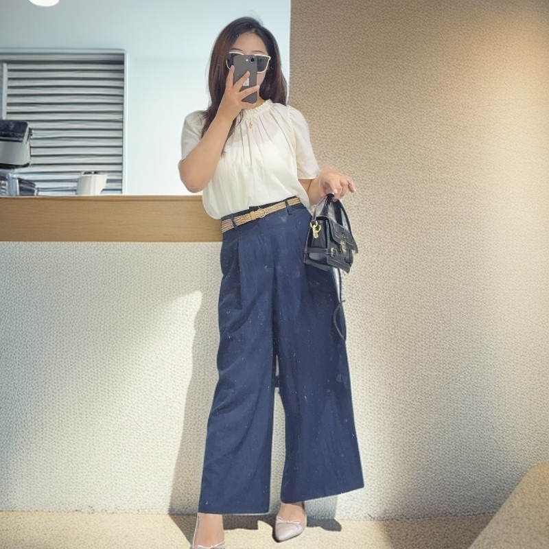 简约压褶短袖圆领衬衫女装夏季通勤质感小衫休闲藏蓝色长裤套装