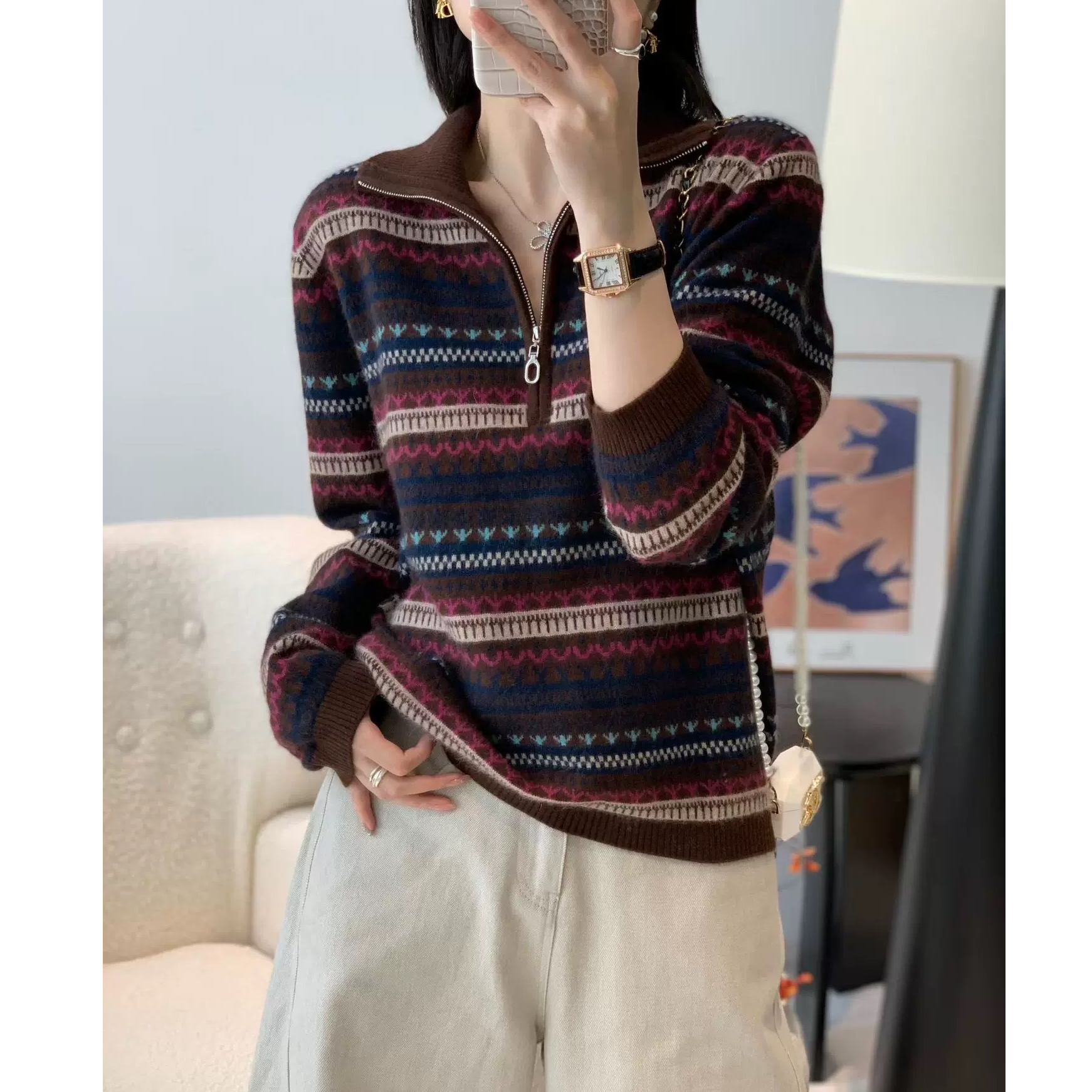 民族风复古毛衣女款2025新款高级感立领打底衫秋冬条纹提花针织衫