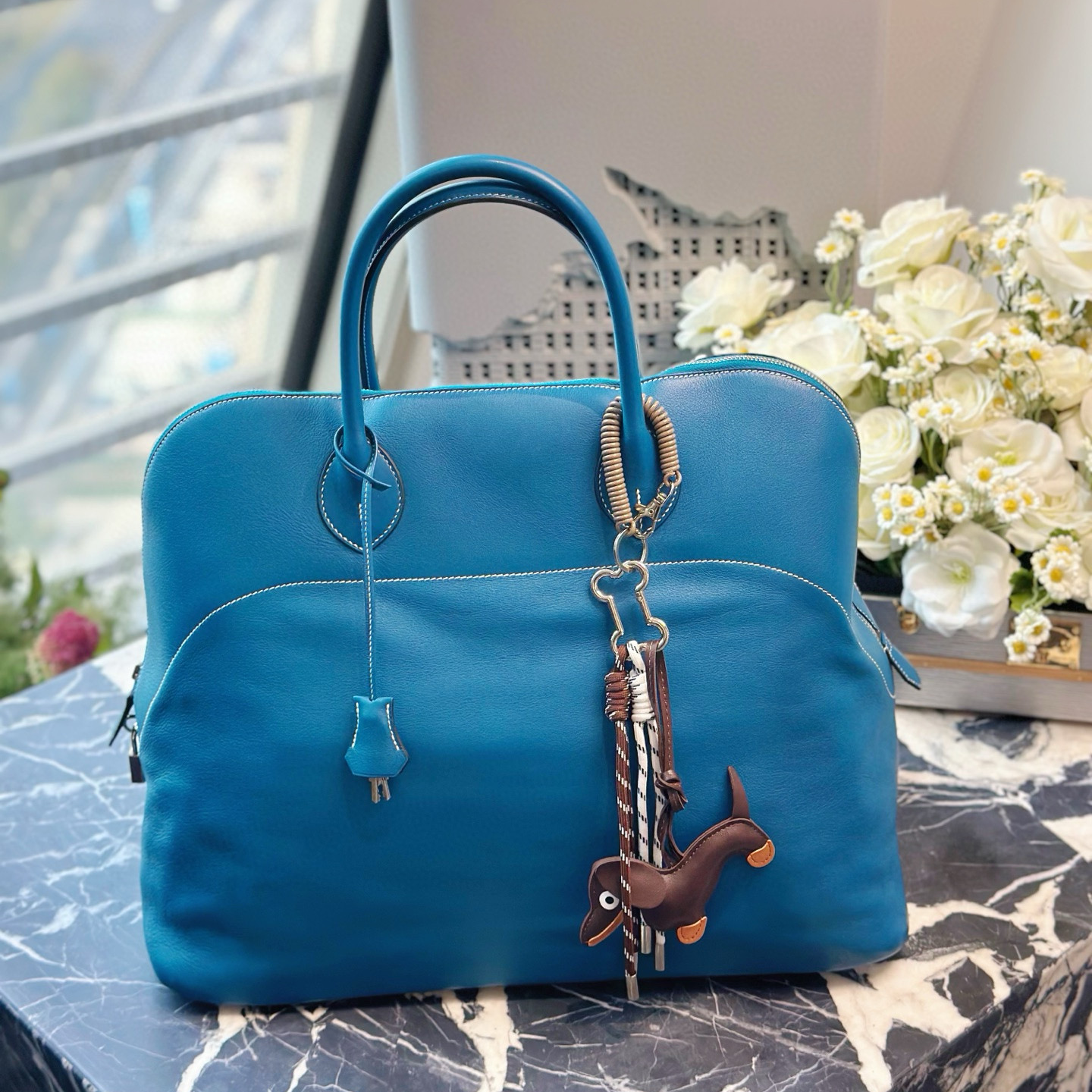99新 Hermes/爱马仕 老佛爷 Bolide50牛仔蓝旅行包手提包