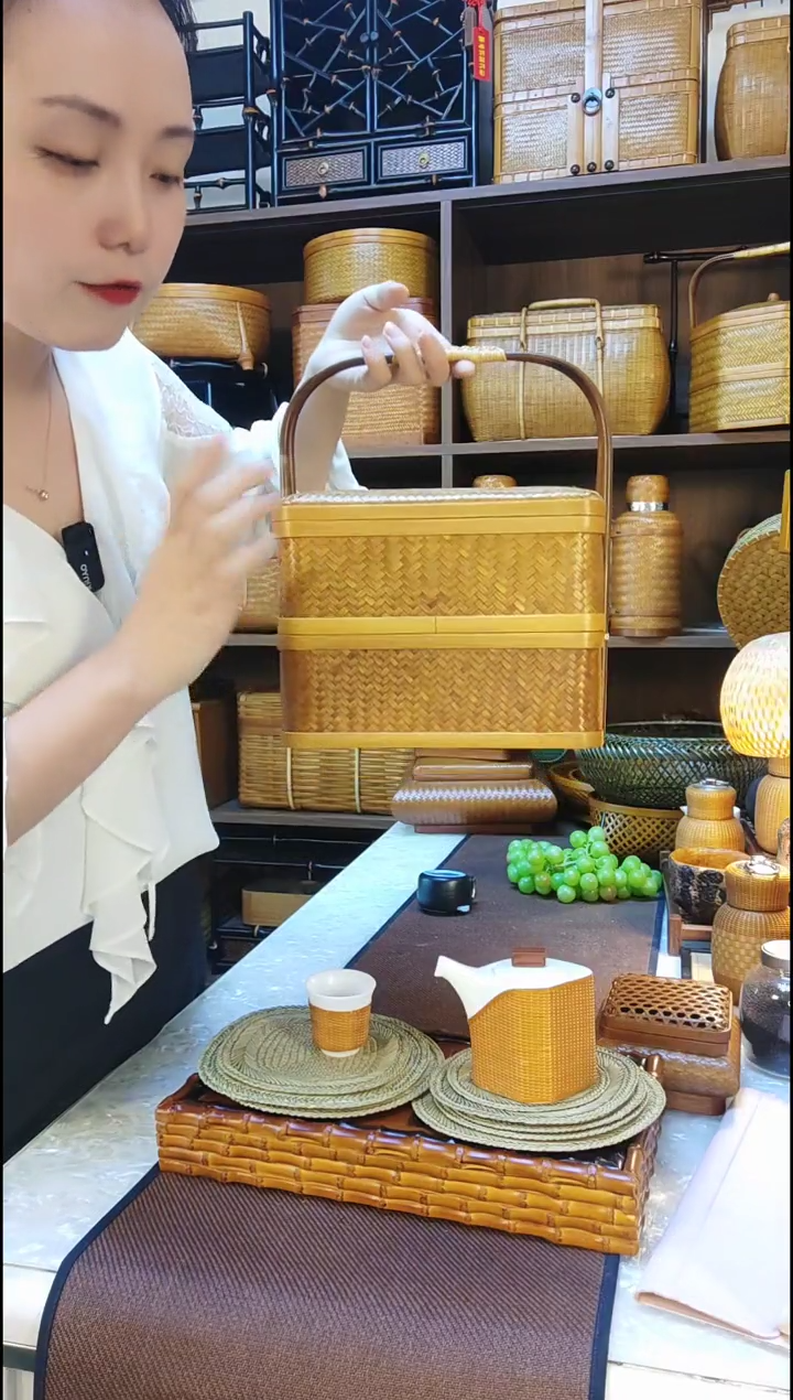 大漆手工竹编双层提篮 双层食盒月饼礼盒 