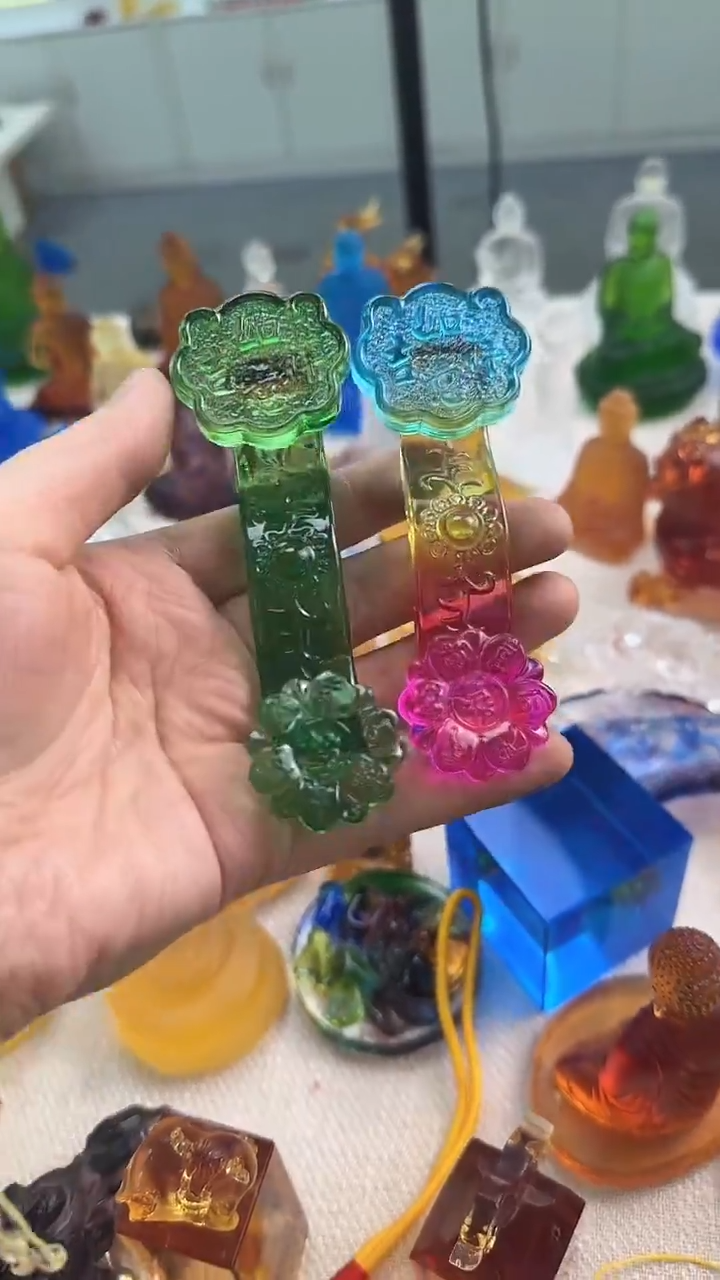 手工艺品琉璃水晶如意2个绿+彩