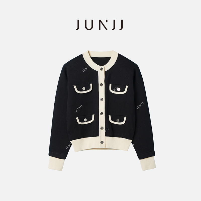 杰瑞【SDL经典小香】圆领套头长袖黑色休闲时尚设计针织气质女