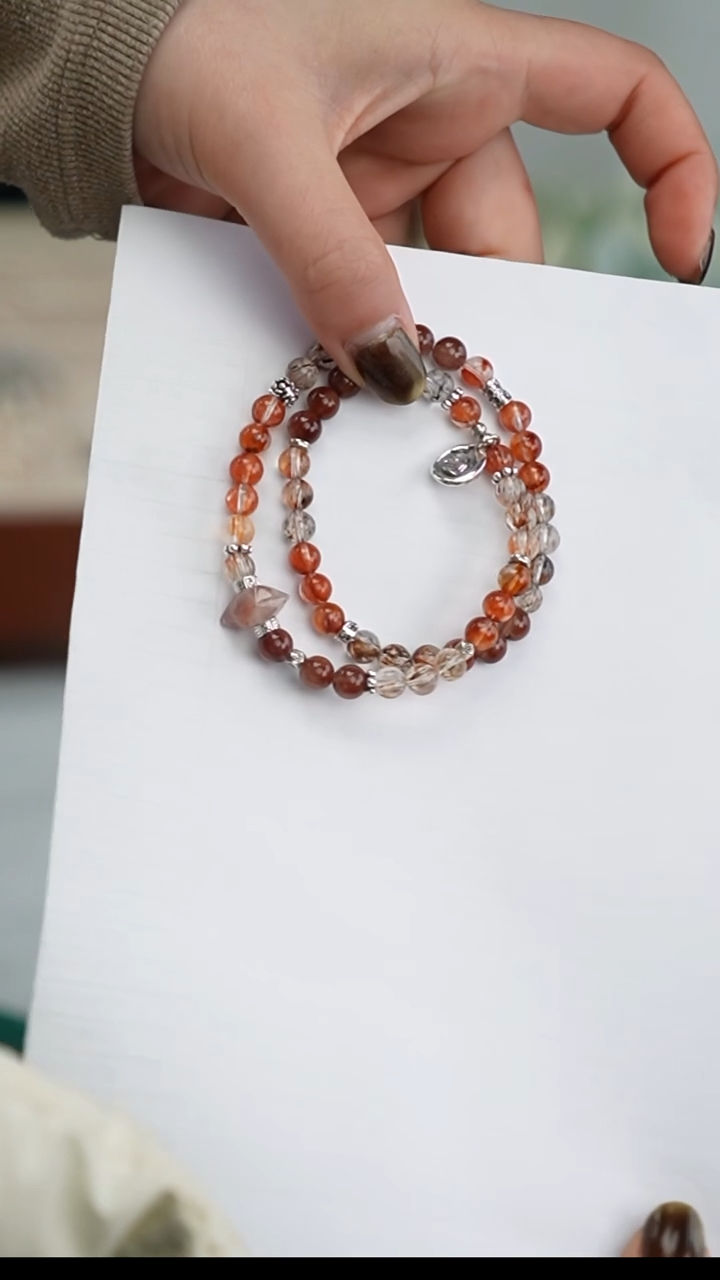 【闪购商品】水晶项链银S925镶嵌红胶花黑金超七红发晶金草莓手串