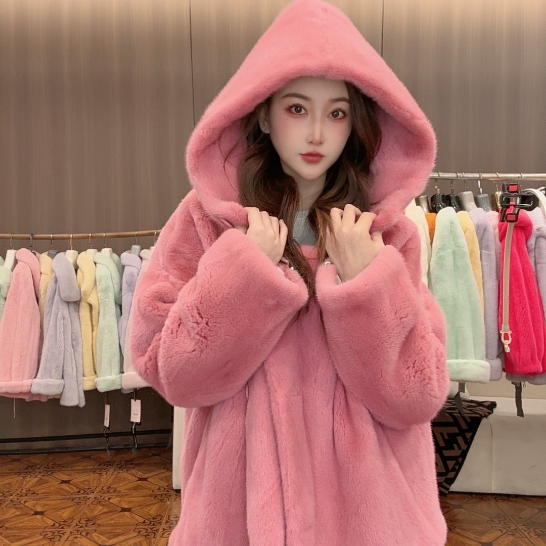 【v.v】乌龙粉色紫金天鹅绒貂皮宽松卫衣款皮草外套2537