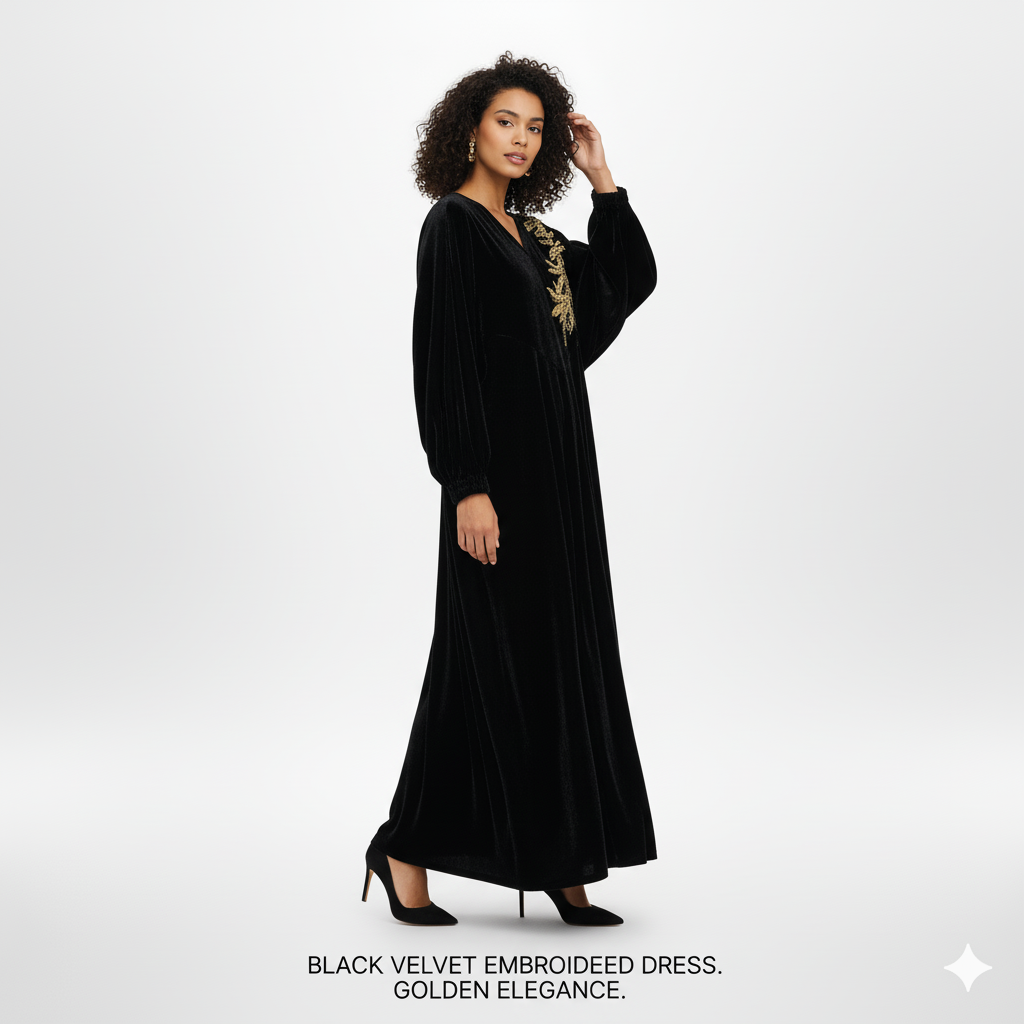 【C050】真丝丝绒时尚新款民族风迪拜服饰长款轻奢连衣裙设计师