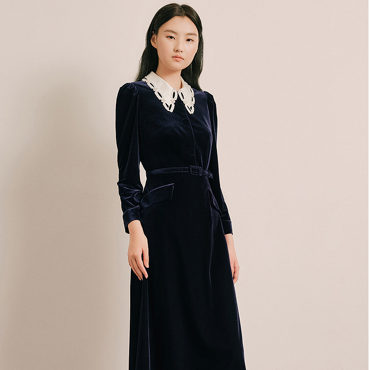 OBBLIGATO奥丽嘉朵藏蓝镂空翻领丝绒收腰连衣裙1C65105150