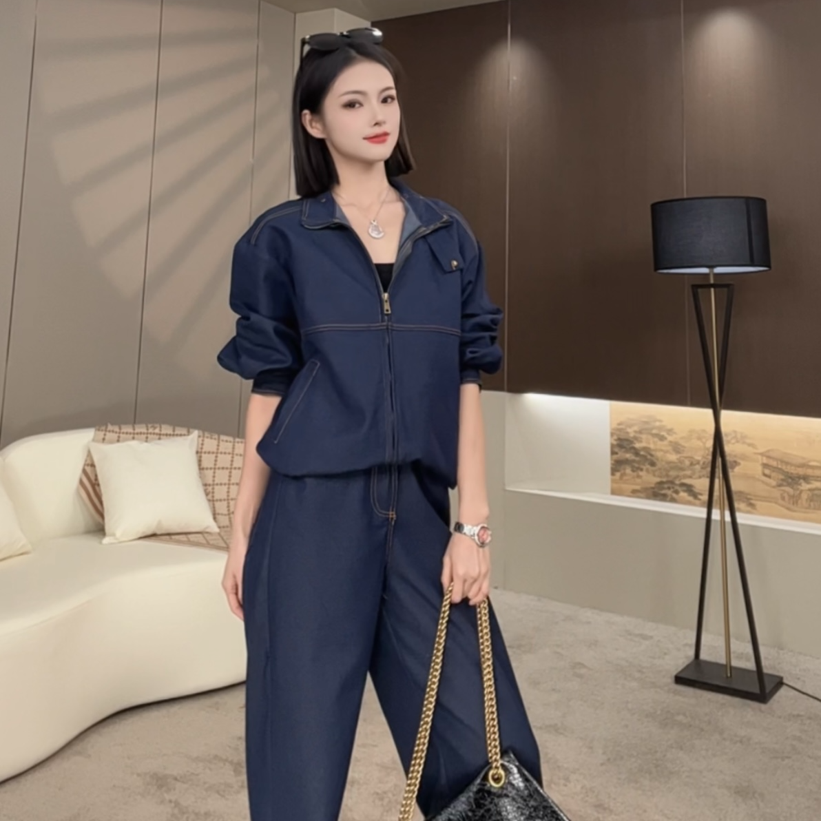 （怡宝直播）长款牛仔外套女春秋新款休闲夹克长裤两件套装10103