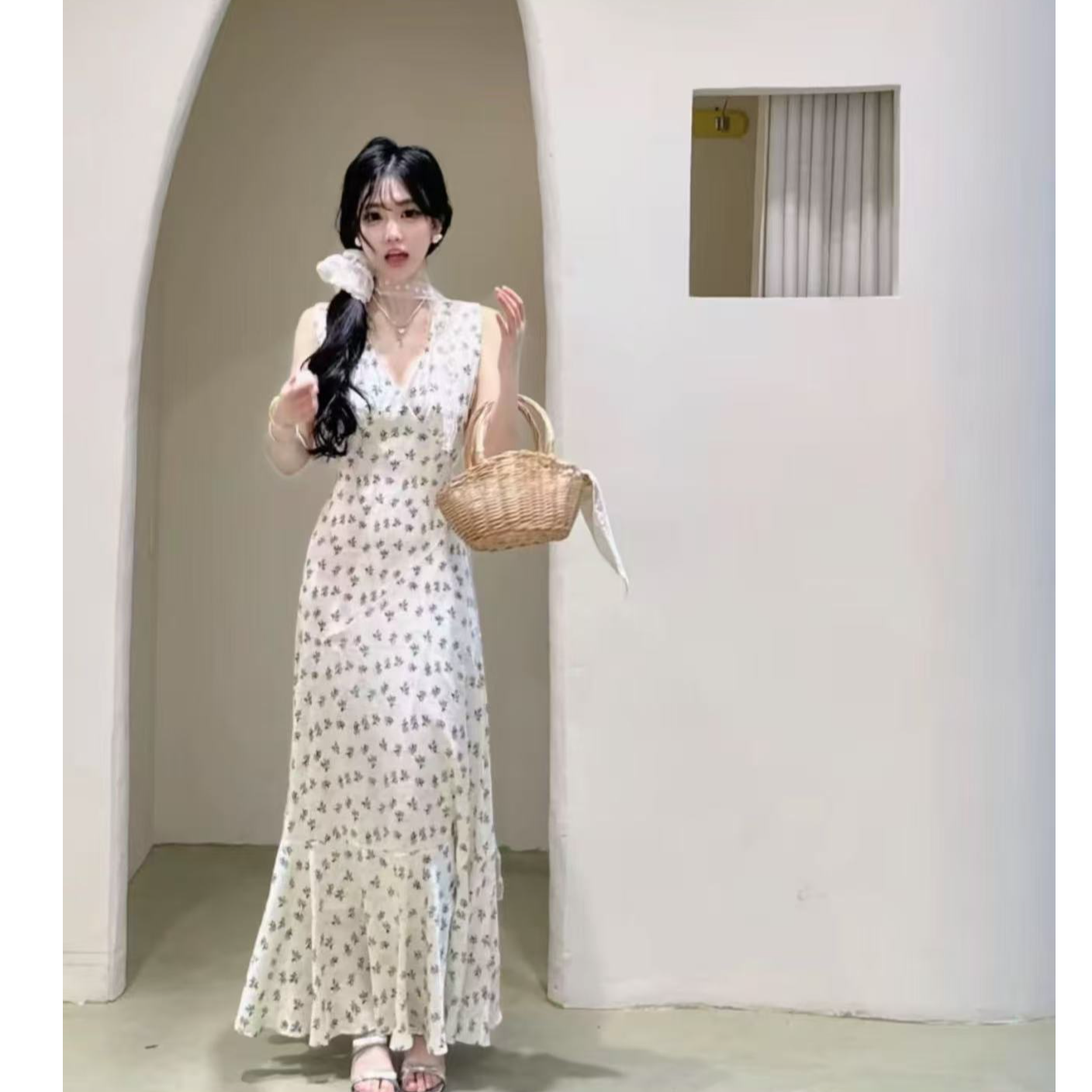 【FAFA】大码女装韩系碎花春款无袖V领不规则百搭长款连衣裙