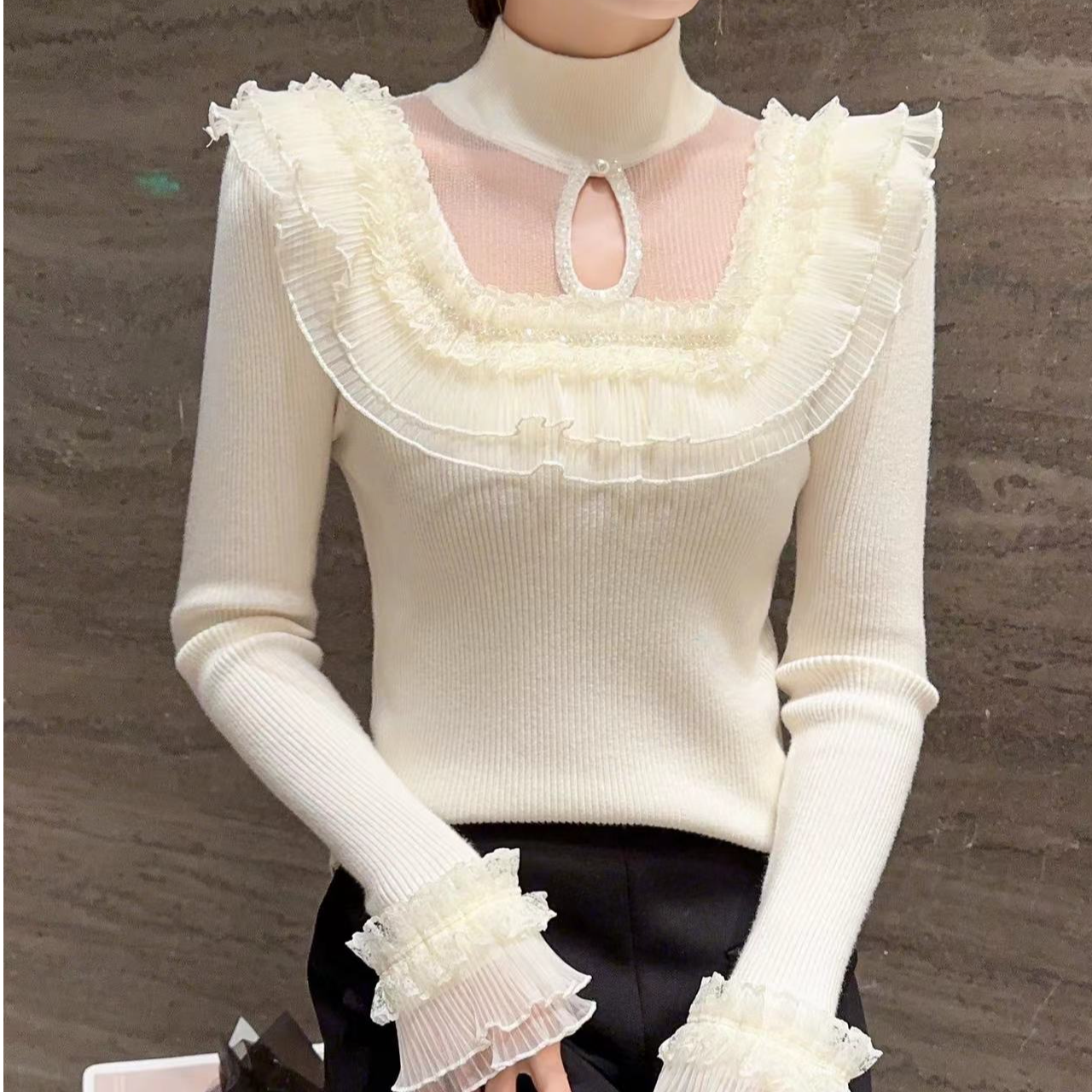 冬季新款正品重工镶钻网纱拼接显瘦打底衫长袖毛衣9256