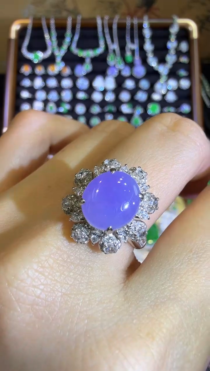 【闪购商品】翡翠戒指18K金镶嵌满紫蛋面戒指