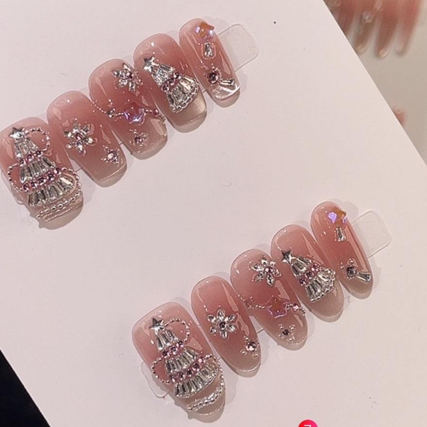 【圣诞锆石】高级光疗美甲裸色渐变猫眼中长款穿戴甲