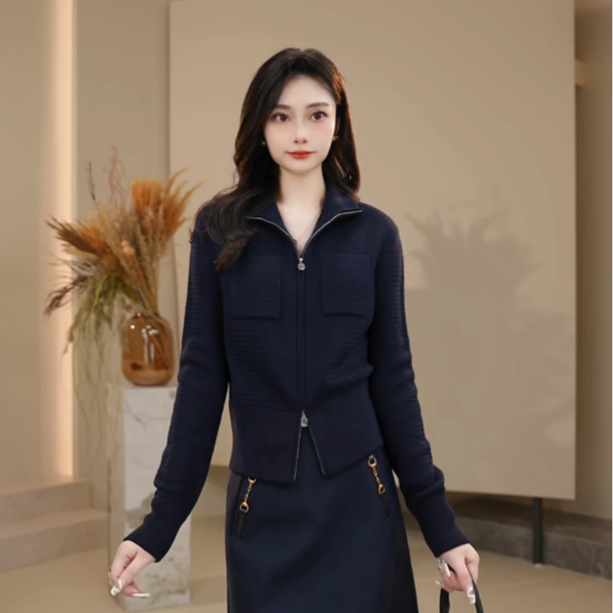 AMASS/阿玛施秋冬新款高级感复古时尚立领拉链休闲针织衫女548058