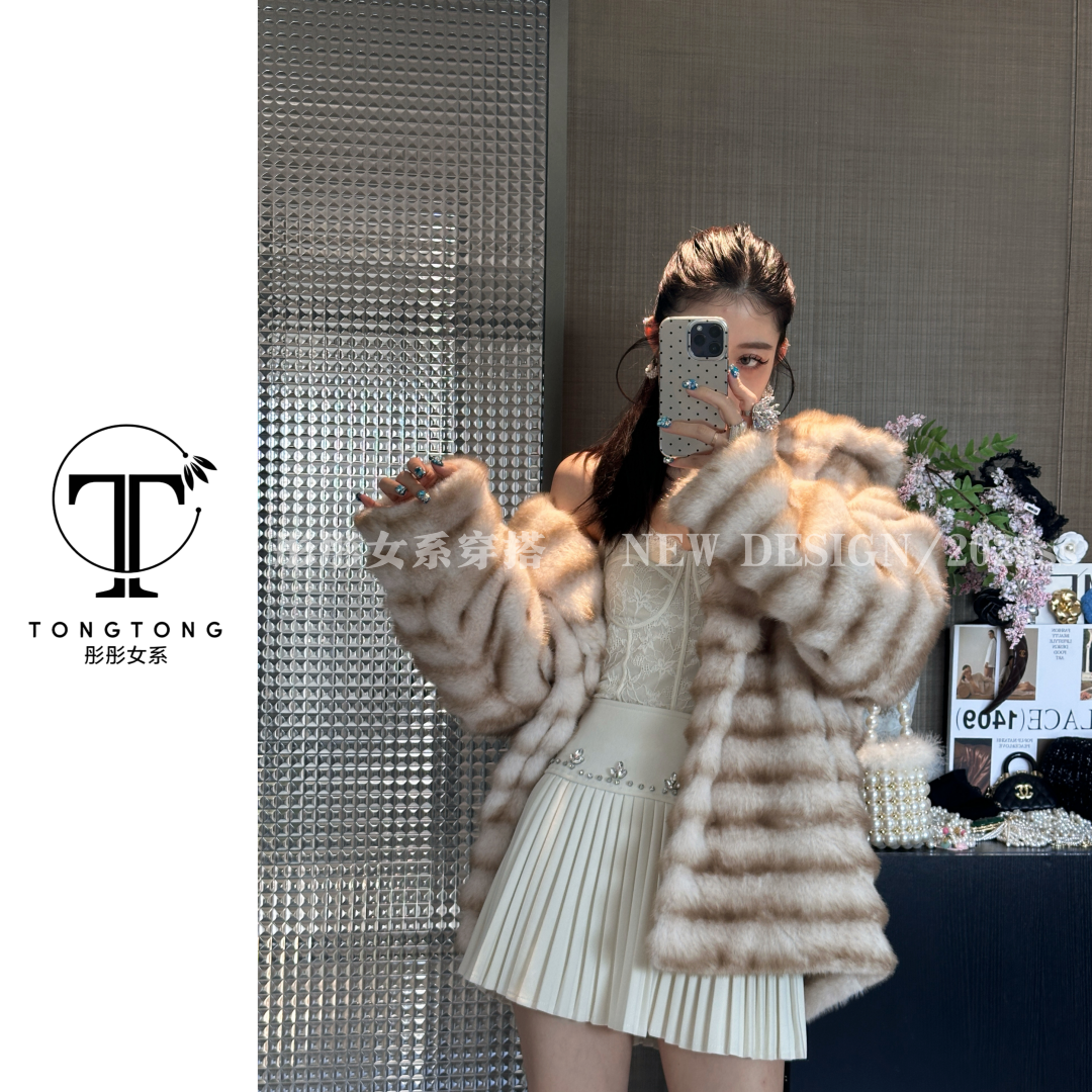 TongTong女系 秋冬新款条纹毛毛连帽外套单排扣冬季气质