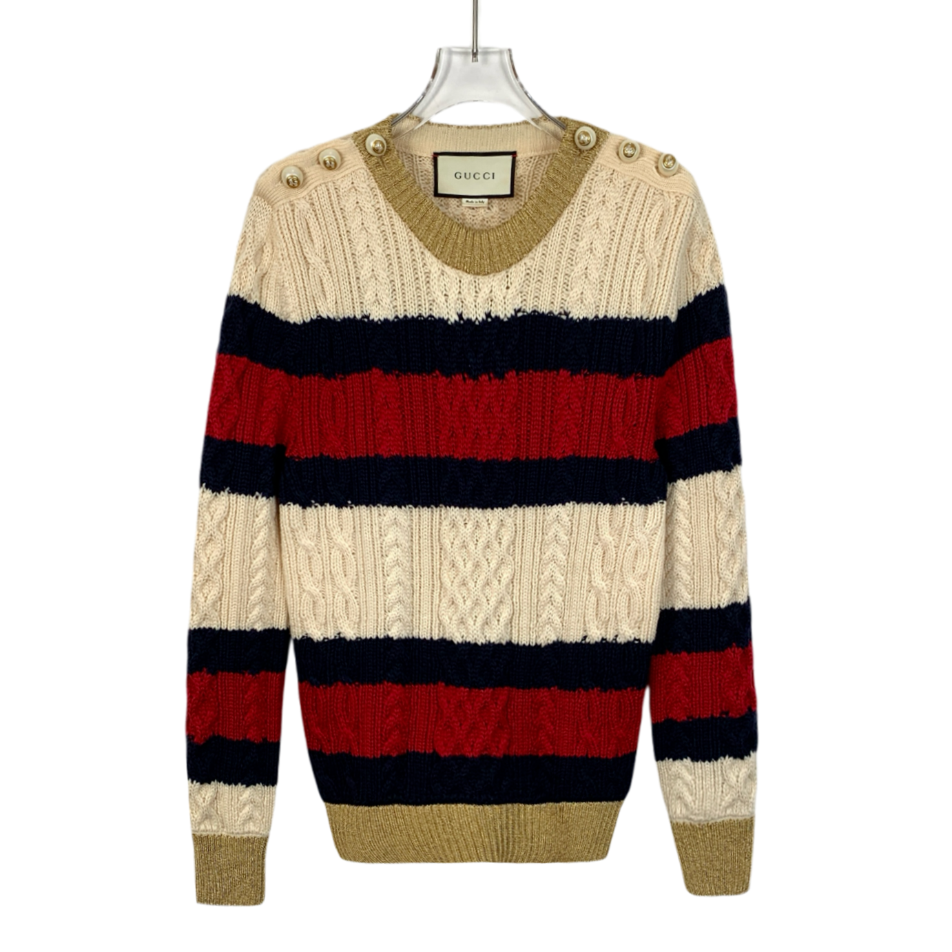 99新 GUCCI/古驰 H14039 拼色珍珠扣饰条纹圆领长袖针织毛衣 L码