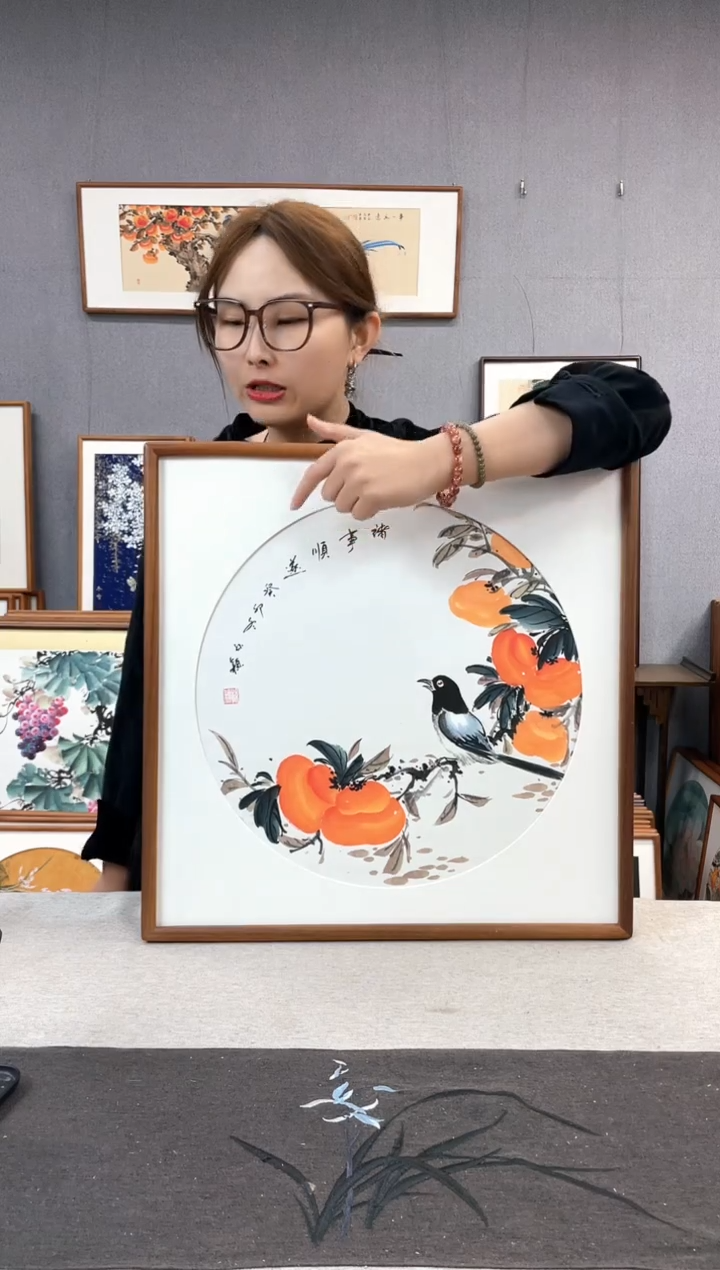 【闪购商品】国画手写手绘带框作品-52*52-柿子