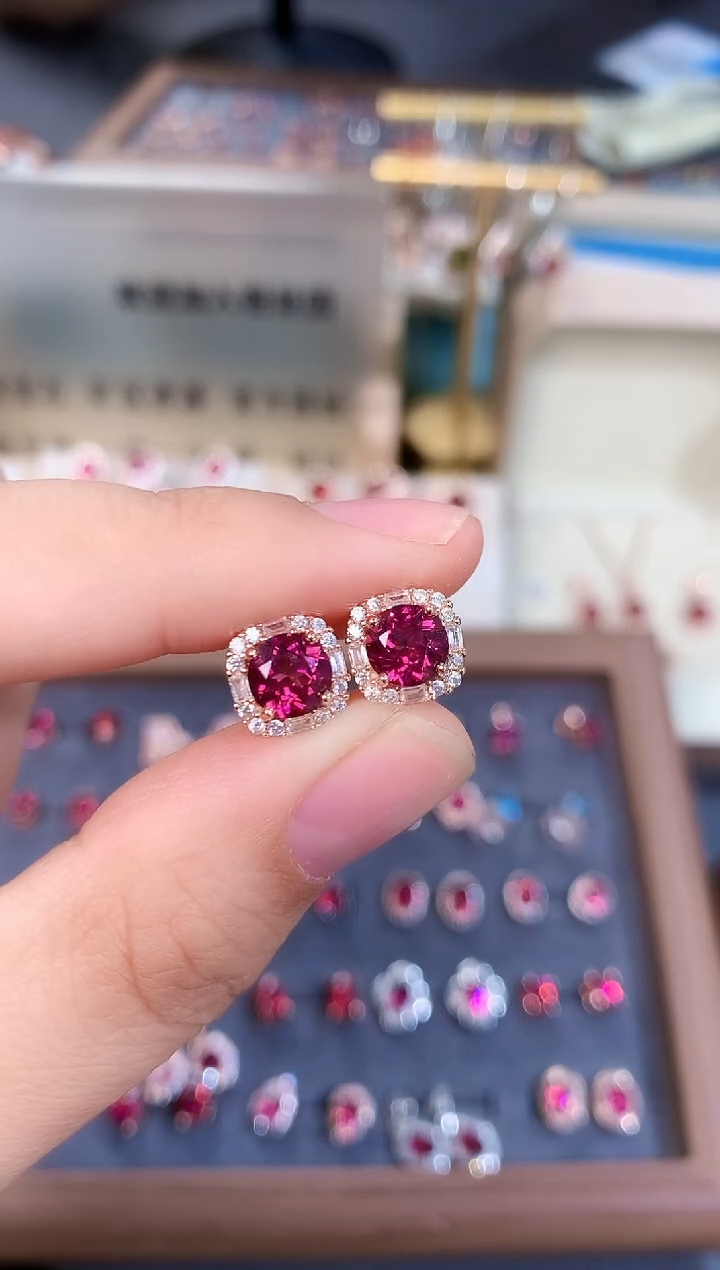 石榴石耳钉银S925镶嵌天然镁铝