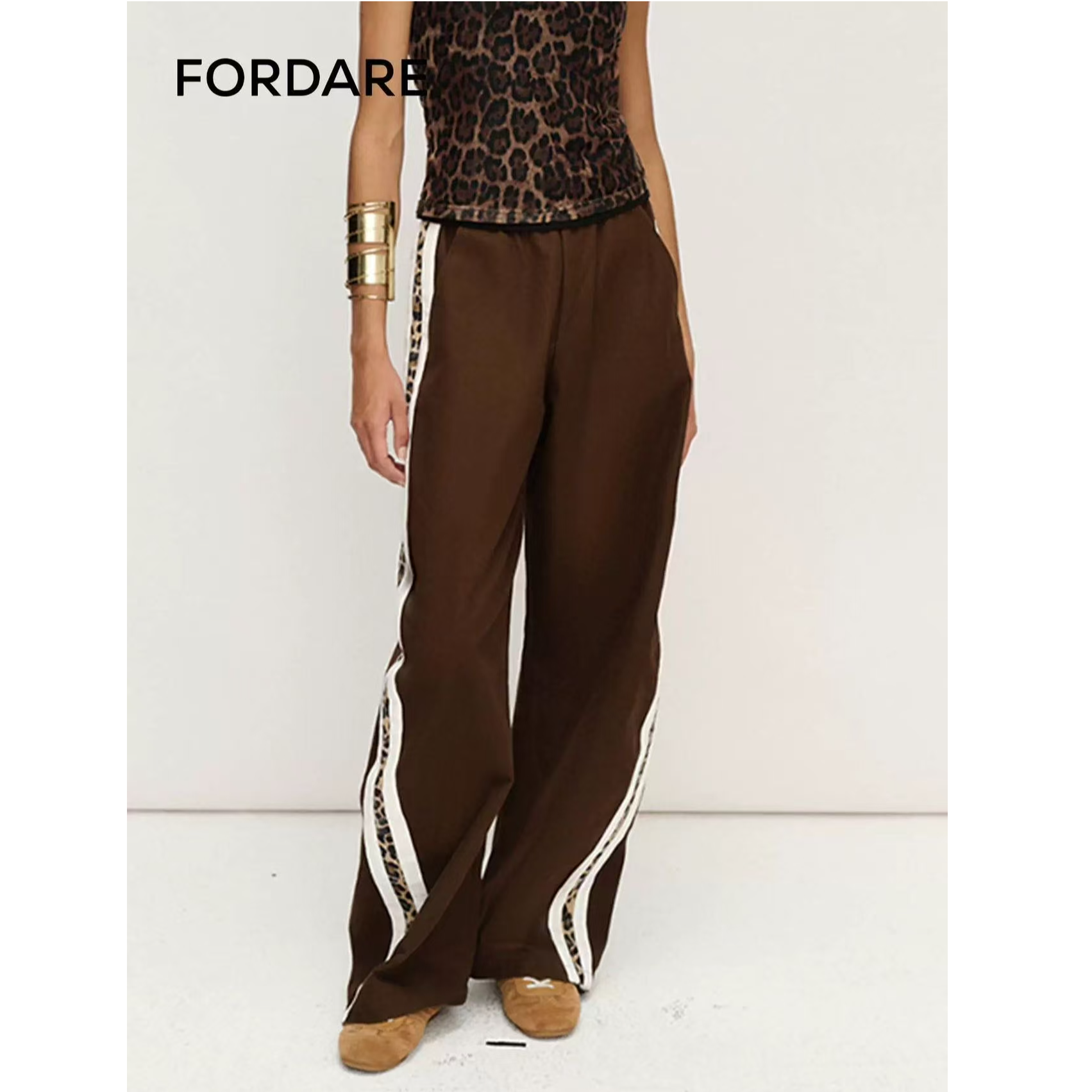 FORDARE豹纹拼接运动水洗长裤