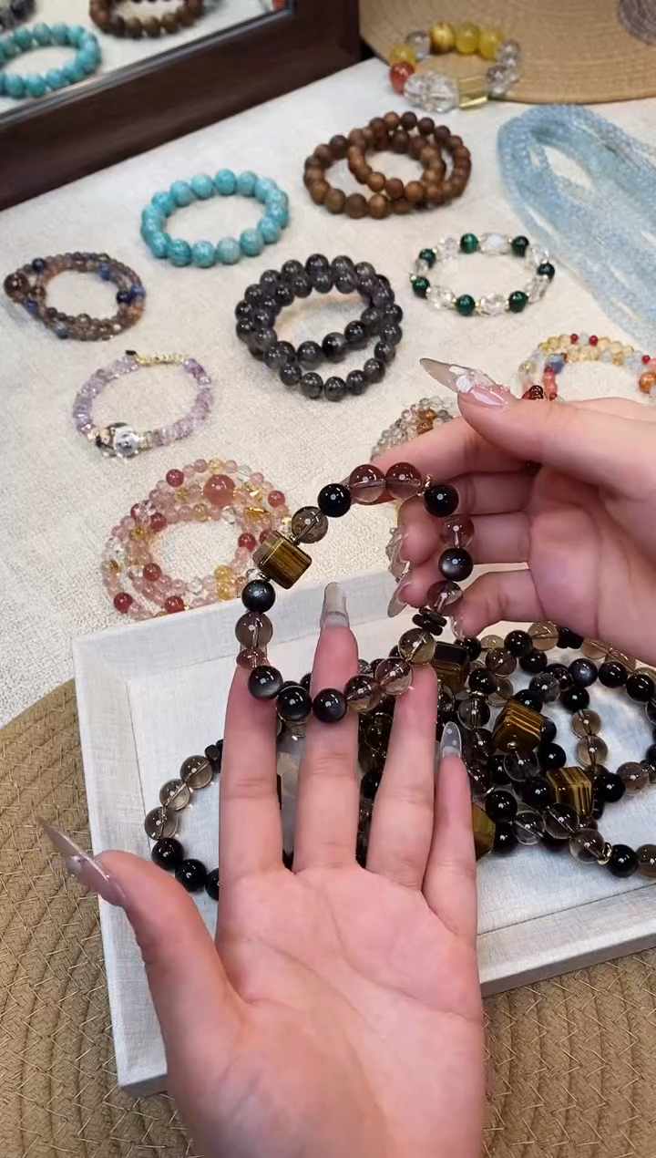 合金手链水晶《茶虎》黄虎银曜茶晶设计手串10-11mm多样性发一