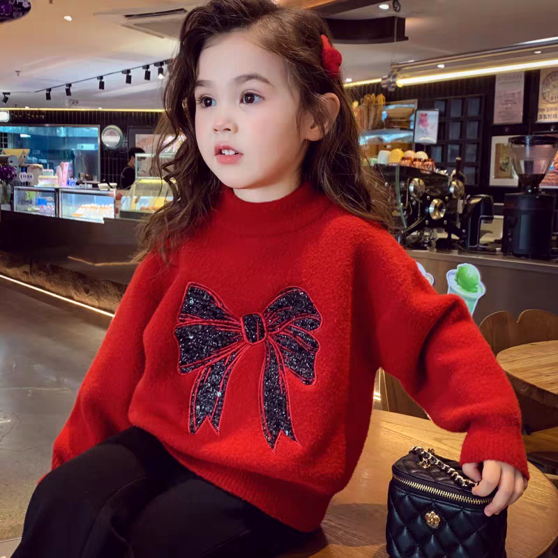 女童毛衣一体绒冬装新款中大童法式圆领毛衣小女孩宽松毛线衣