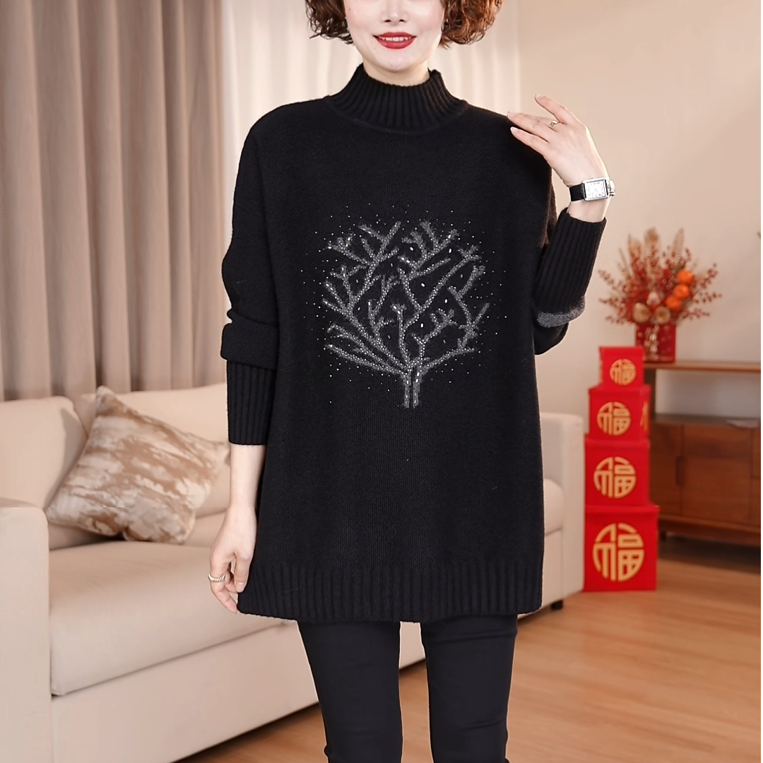 【发财树】加厚保暖毛衣女秋冬中长款大码宽松冬季针织衫内搭上衣