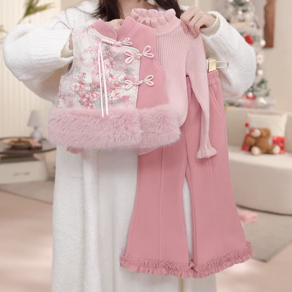 【扬州慢】女童秋冬加厚旗袍裙唐装公主中国风套装女孩三件套D17754