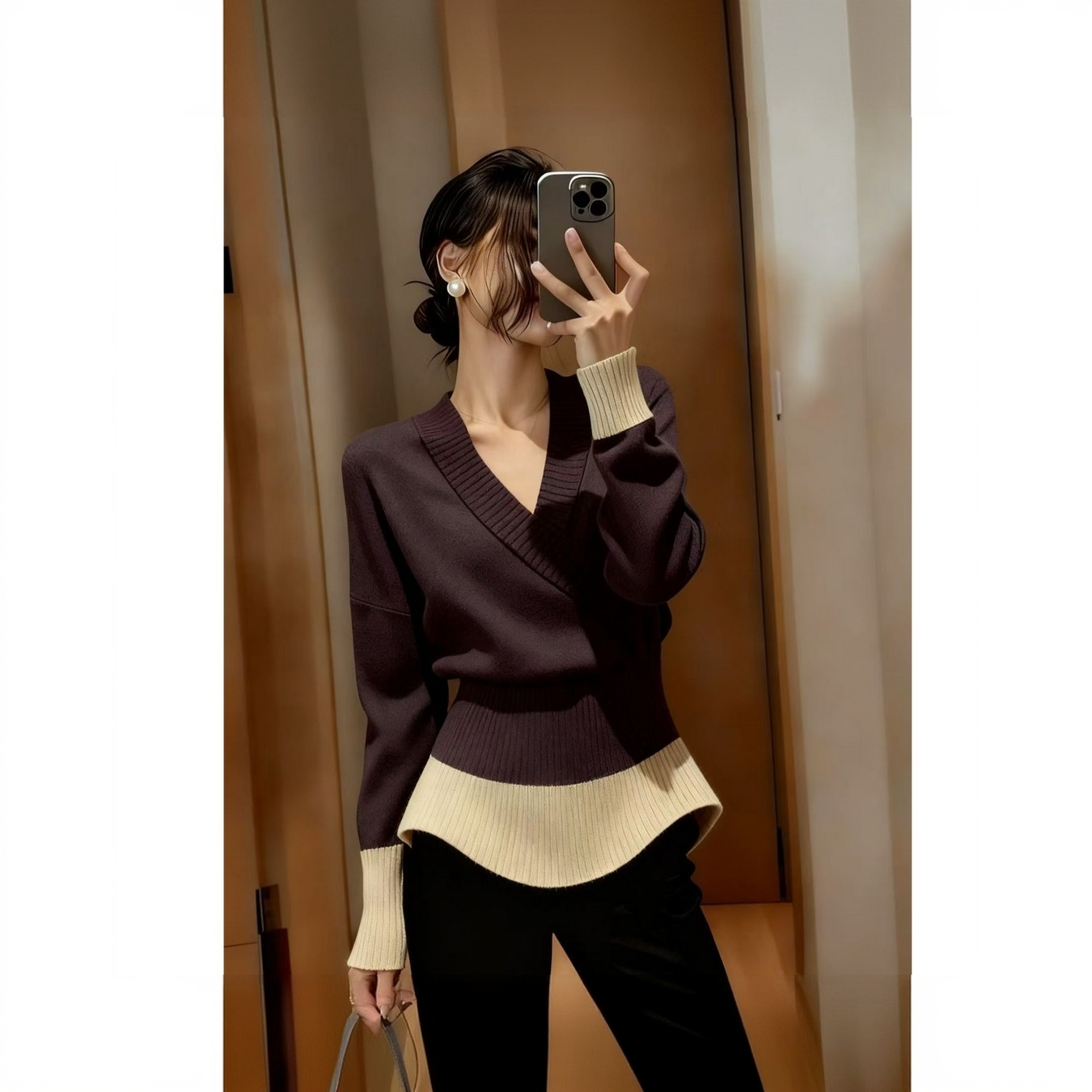 法式复古风撞色V领长袖针织衫女冬季新款高级感收腰显瘦套头上衣