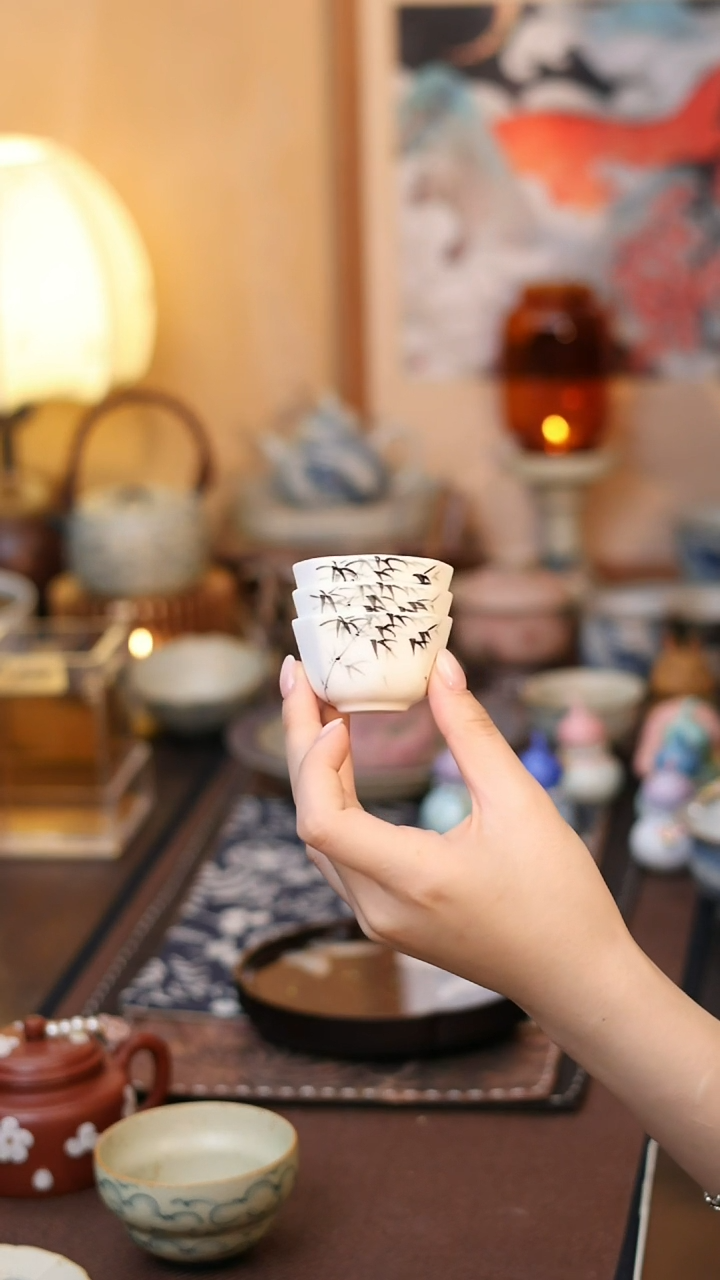 手绘墨竹品茗杯3个