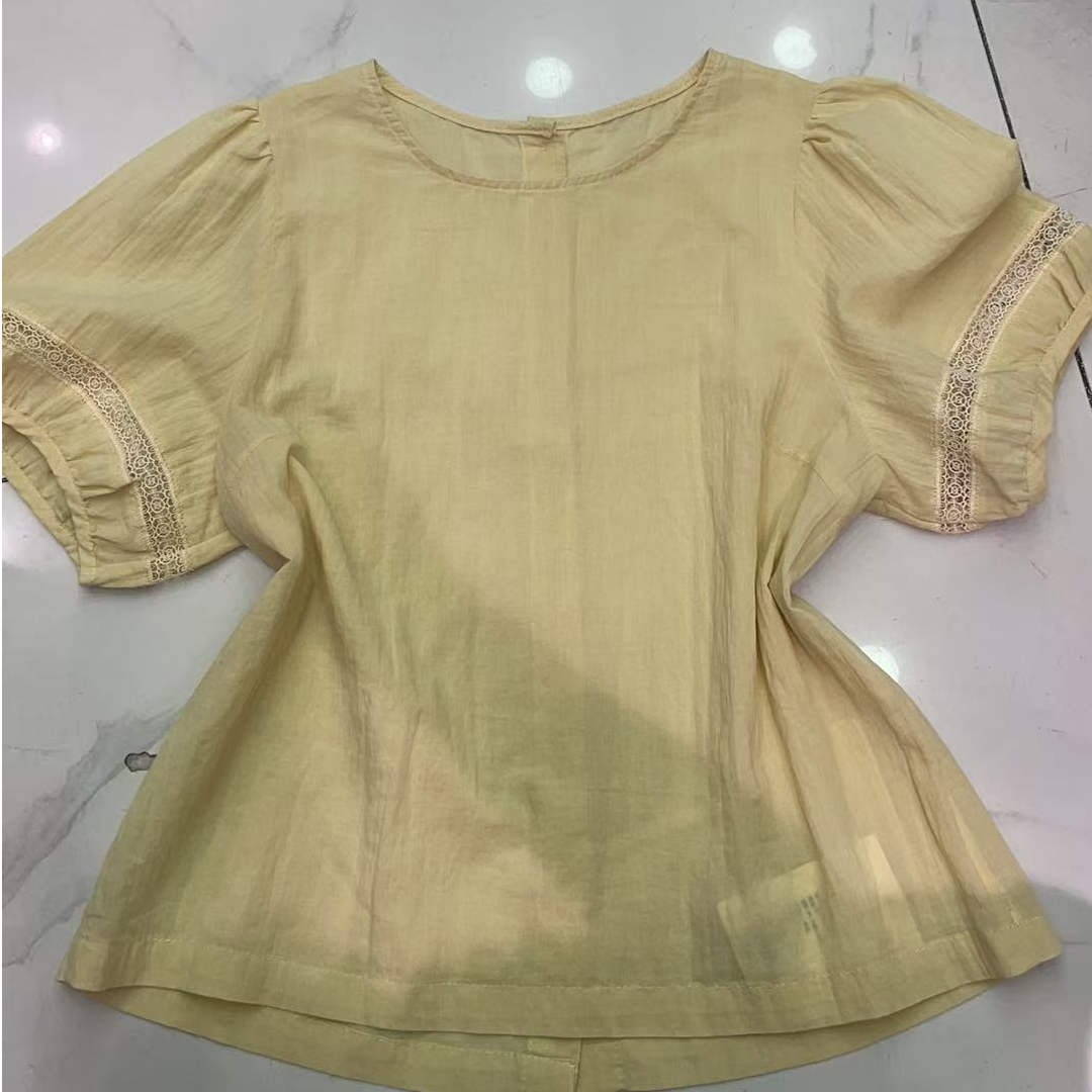 6535拼接短袖透气常规薄款夏季圆领镂空衬衫时尚宽松非正式学院风