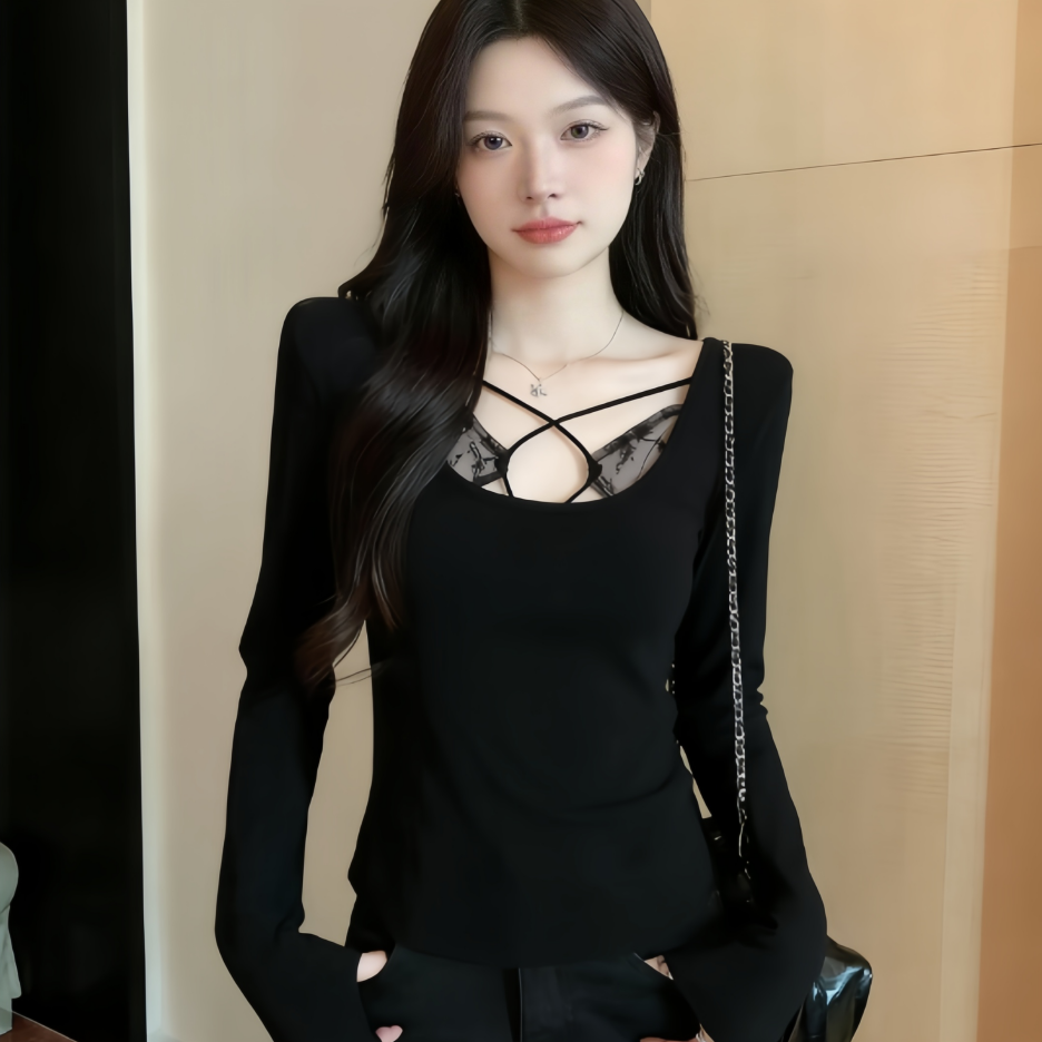 纯欲蕾丝拼接镂空加绒打底衫女冬季新款修身显瘦长袖内搭上衣0078