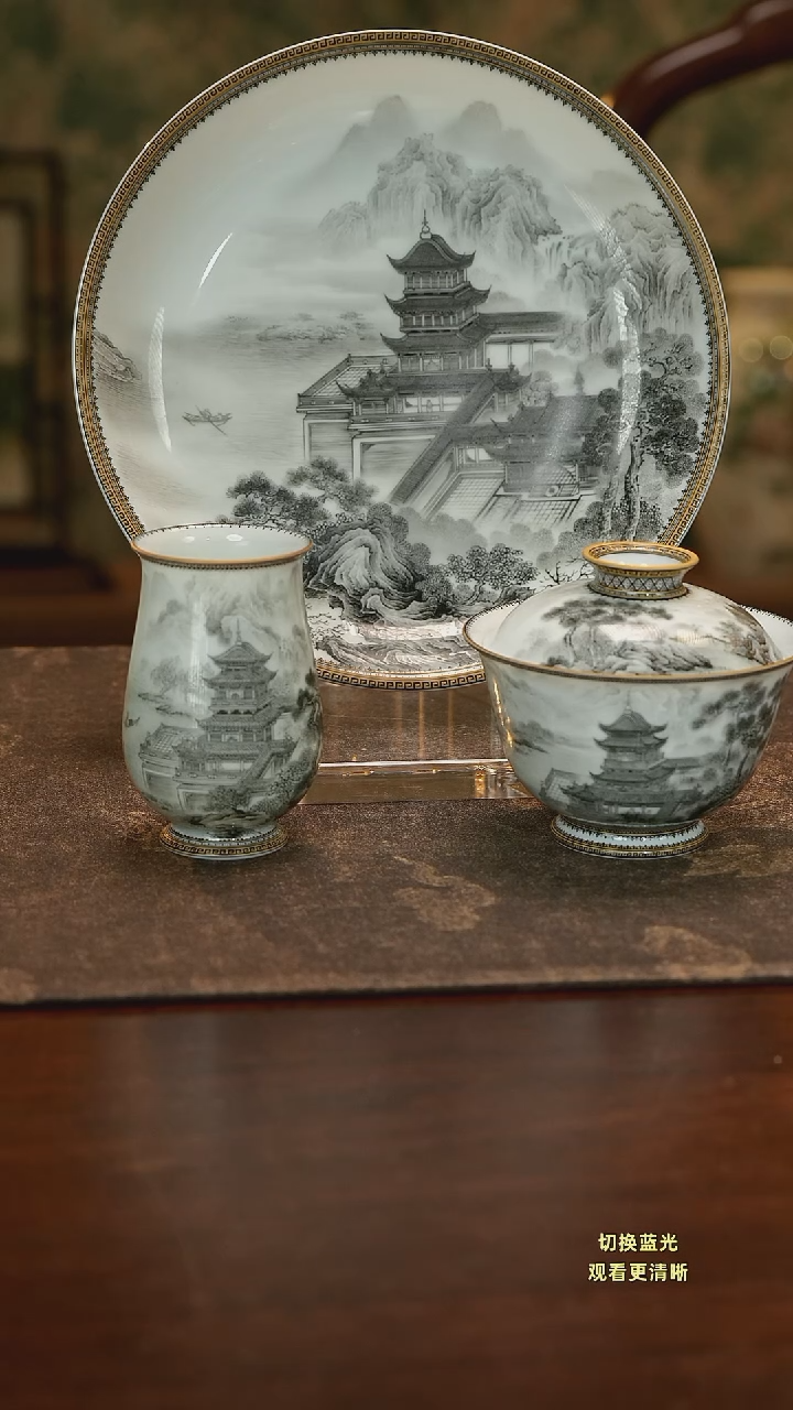 瓷花***板手绘墨彩岳阳楼三件套装