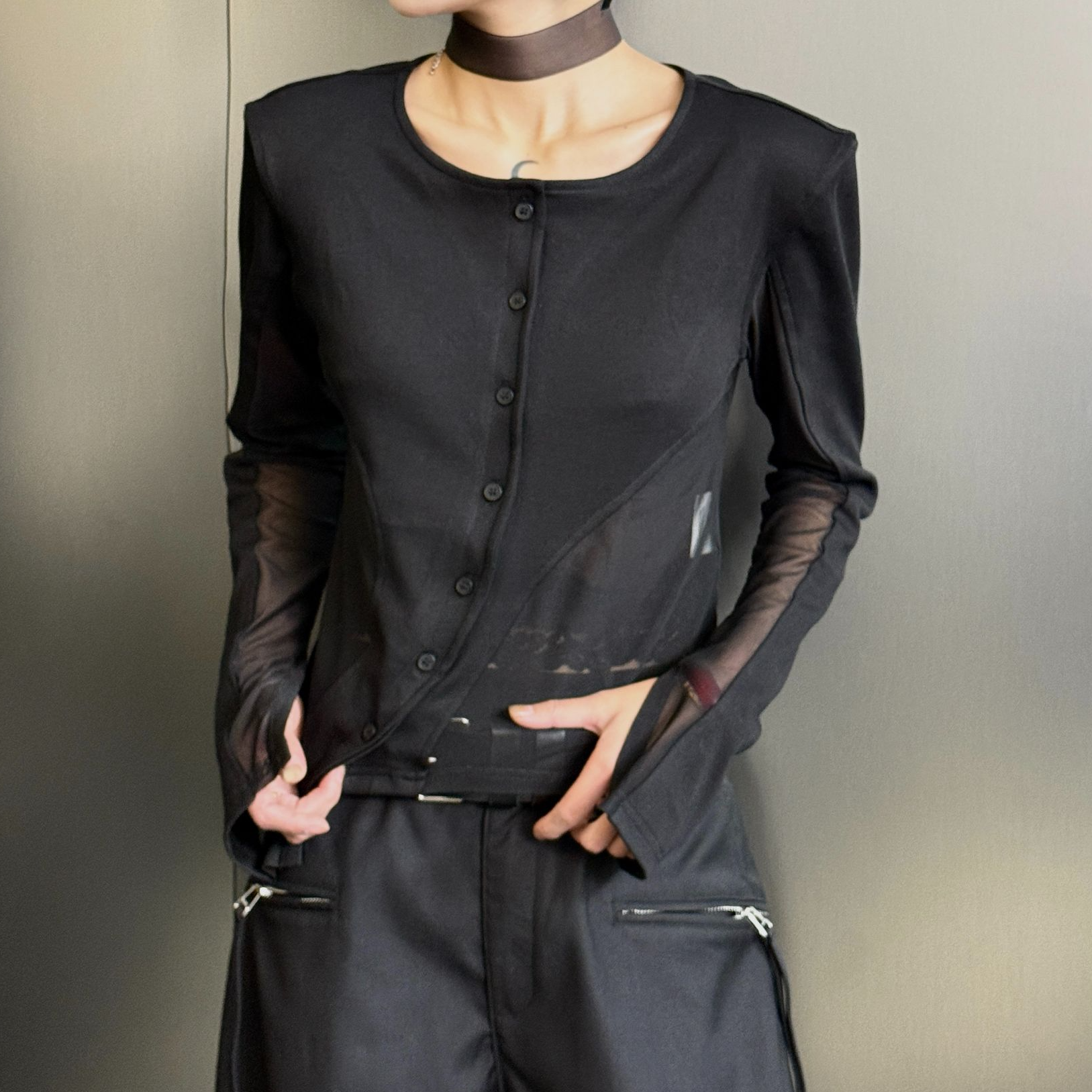 DA-J春夏新款设计感拼接网纱设计款显瘦打底开衫