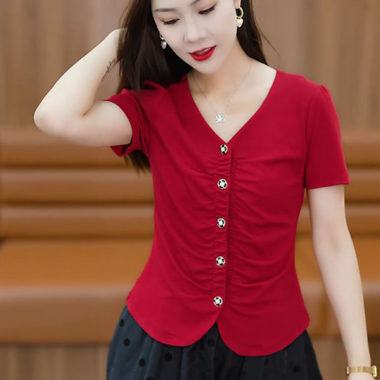 夏季显瘦V领t恤百搭修身时尚气质T恤衫纯色收腰遮肚大码开扣上衣