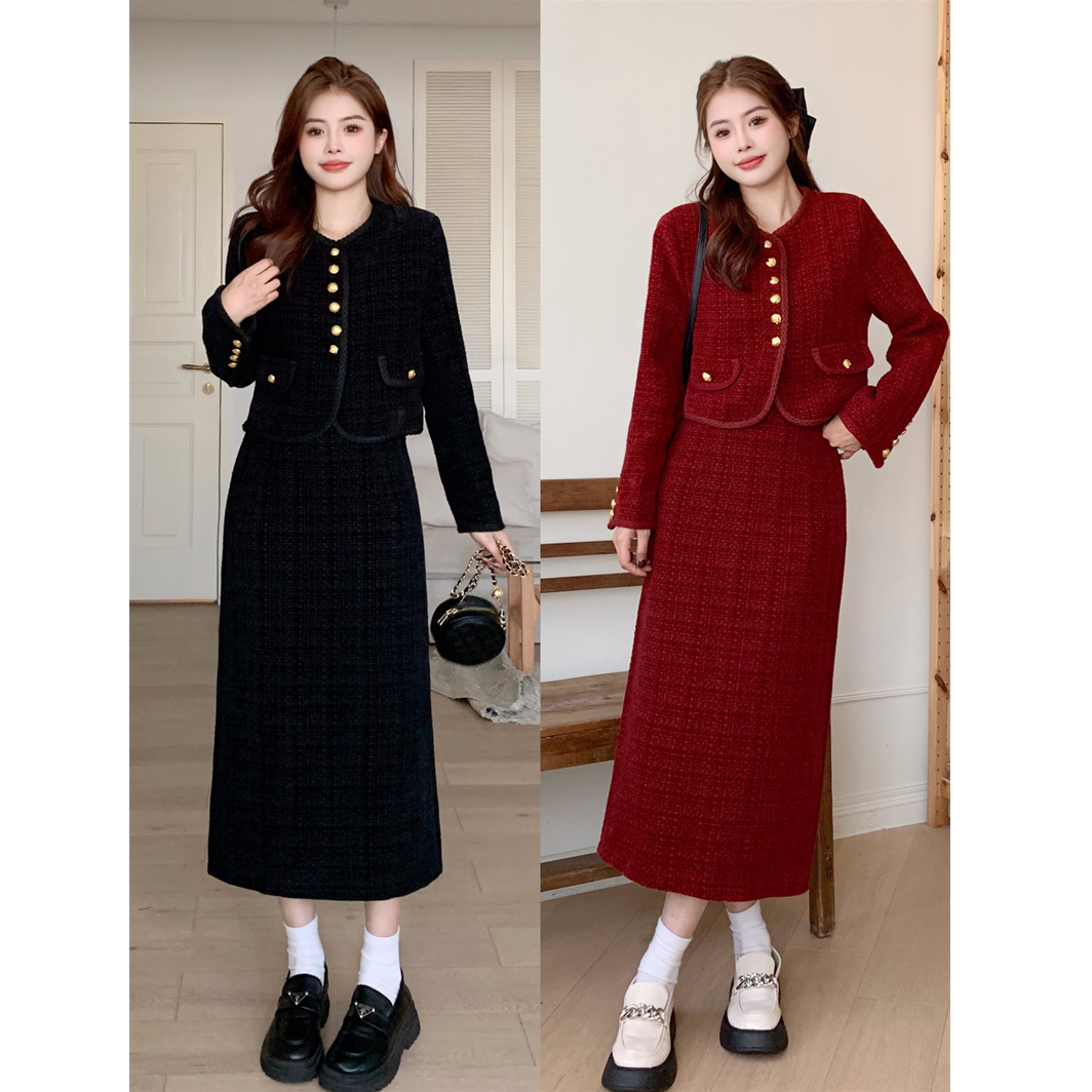 2025冬季新款大码女装小香风法式粗花呢加棉外套半身裙两件套2036