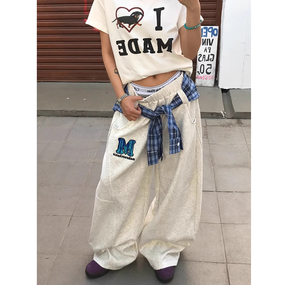 刺绣国潮格子绑带阔腿休闲卫裤女宽松百搭显瘦直筒长裤2025新款