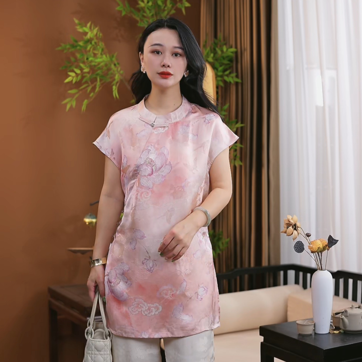 夏季新中式桑蚕丝盘扣立领短袖提花时尚中国风百搭气质短袖女S317