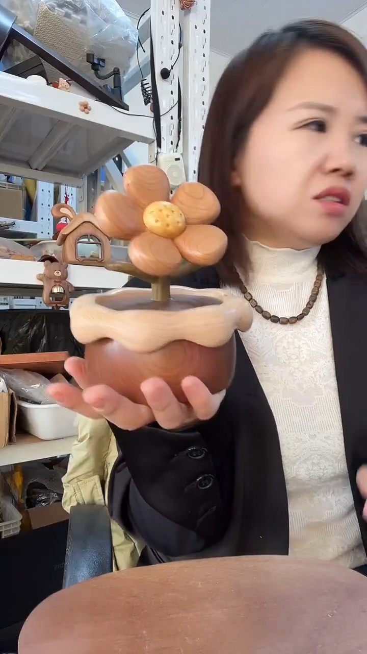 木大花盆摆件花可旋转