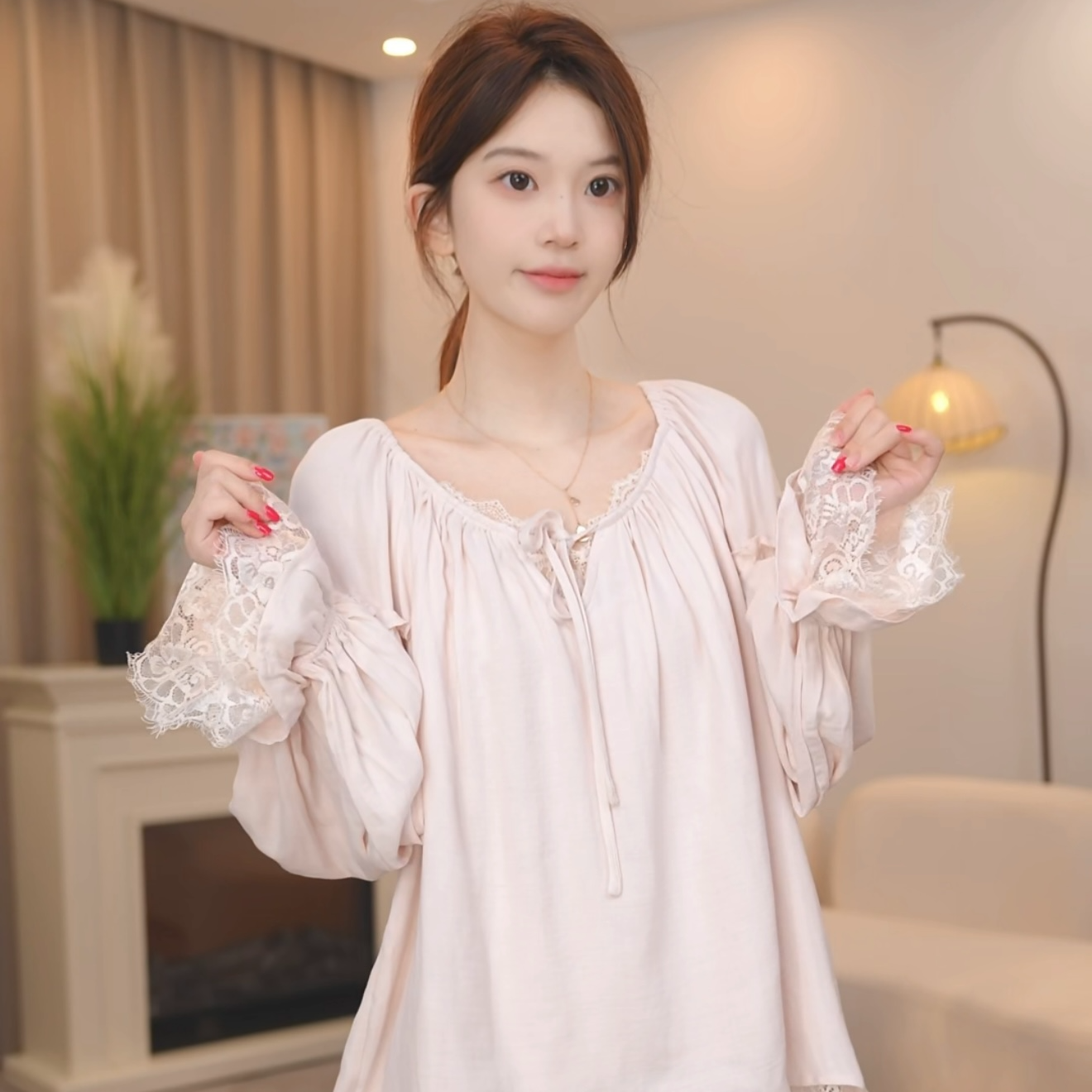 板栗小姐【欣融】春秋长袖甜美风全棉双层纱睡衣女家居服套装可外穿