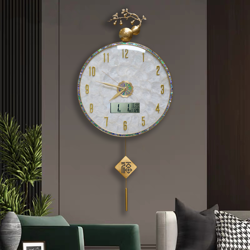 五福临门【正版5个葫芦】贝壳轻奢黄铜钟表挂钟装饰静音挂墙时钟