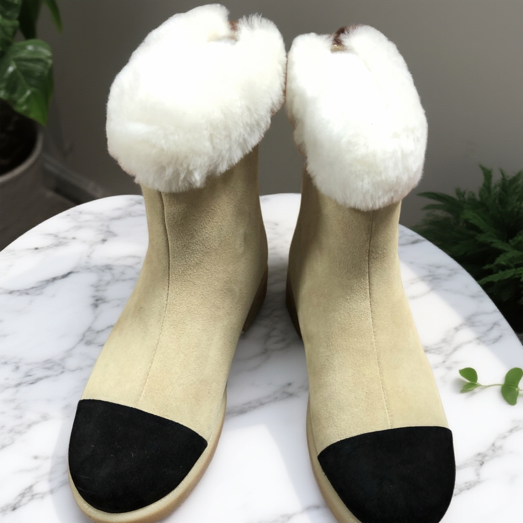 冬季小香风羊反绒雪地靴加绒短靴女，舒适保暖，时尚毛毛靴