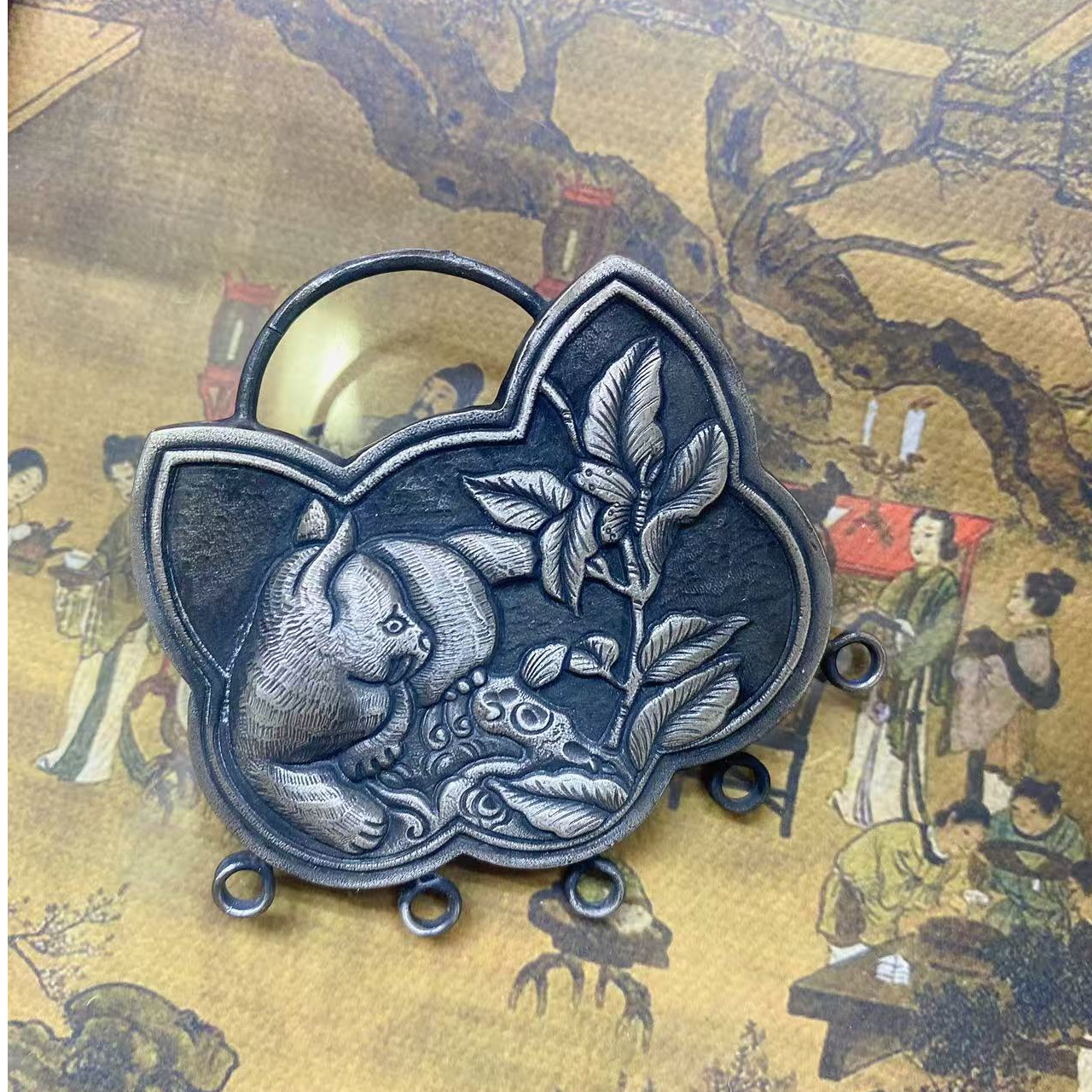 吊坠足银 足银吊坠 猫咪牡丹锁可爱复古纯手工银色精致