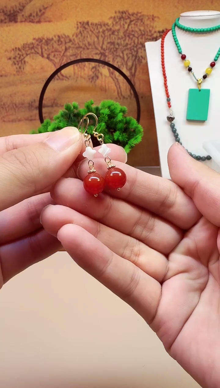 南红玛瑙14K金镶嵌耳饰E44