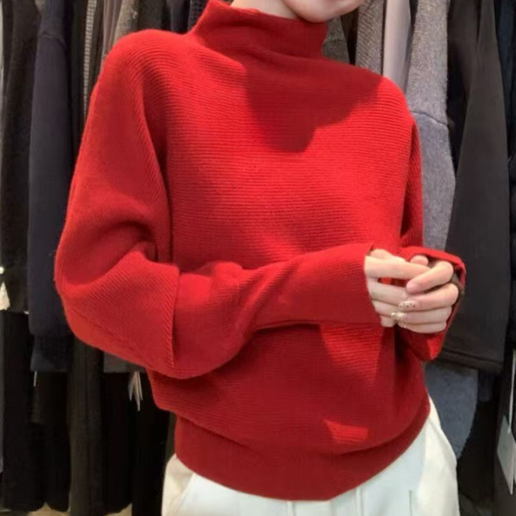极简气质半高领蝙蝠袖廓形毛衣