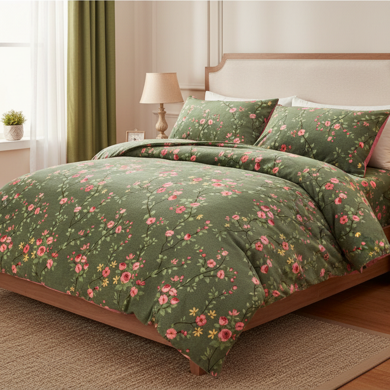 高端臻绒加厚冬季速暖绒加厚双面绒床上用品被套单件-开枝散叶绿