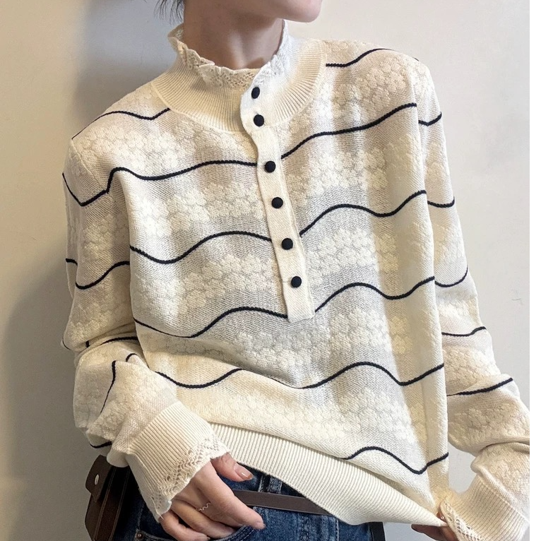 【磊哥严选】秋冬新款法式高级感波浪纹立领提花针织打底衫