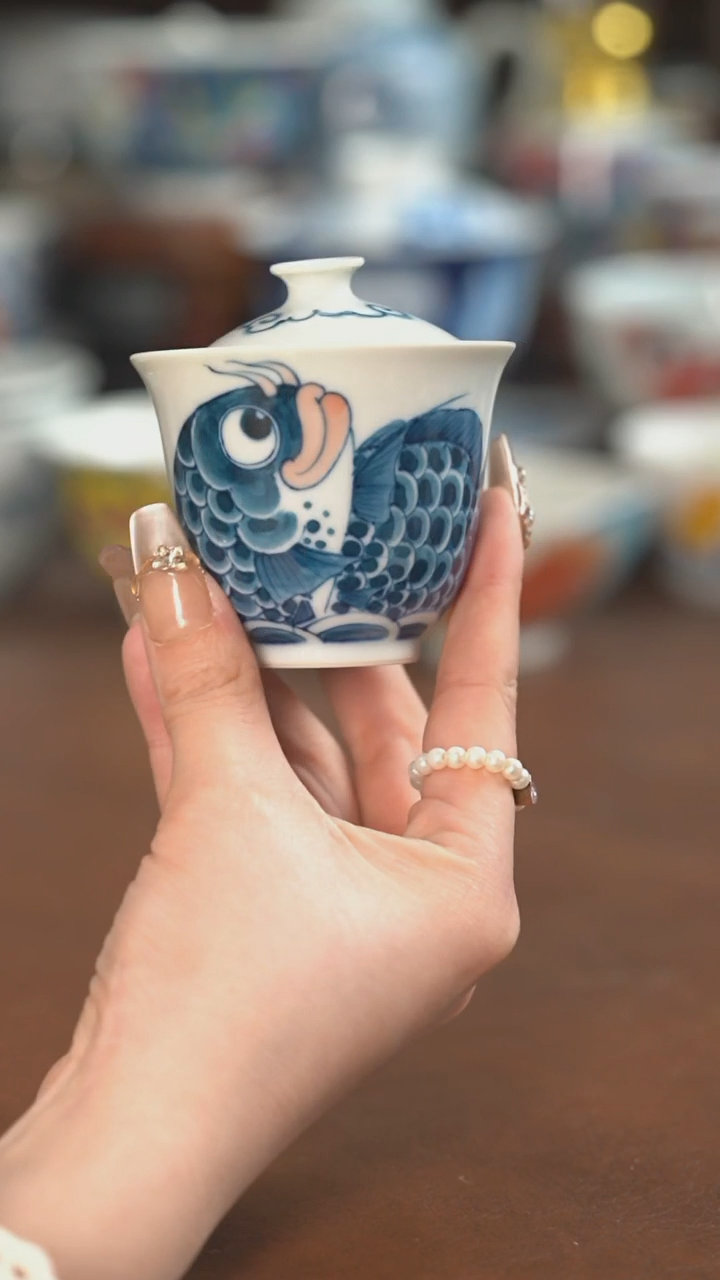 【闪购商品】蓝鱼盖碗景德镇昨明陶瓷